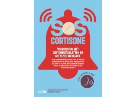 Alarmerende bel die SOS cortisone voorstelt, met een medicijntablet in de vorm van een O